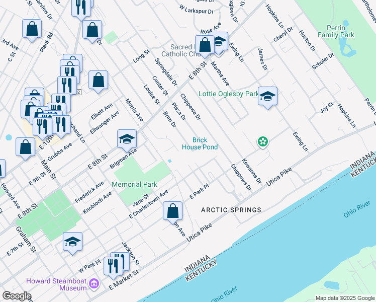 map of restaurants, bars, coffee shops, grocery stores, and more near 701 Brim Drive in Jeffersonville