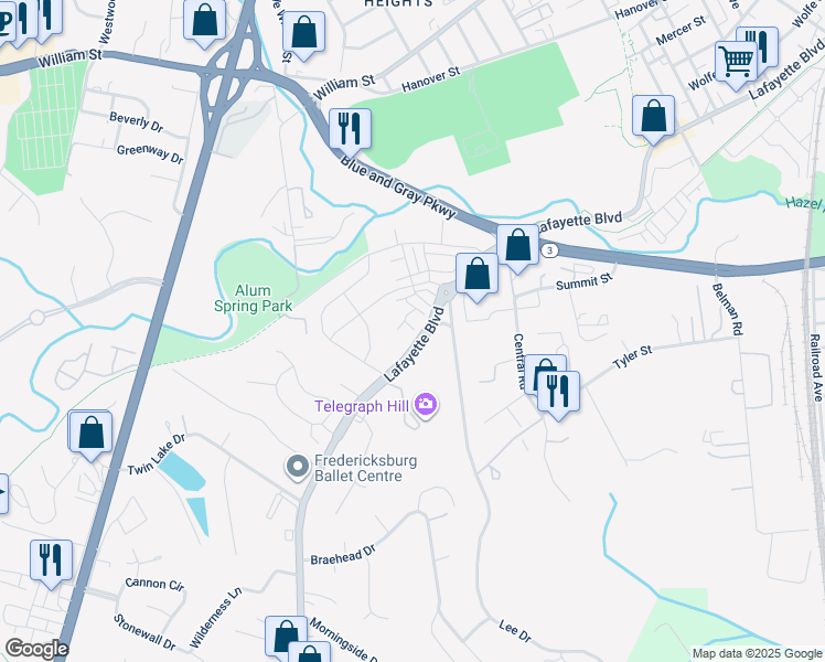 map of restaurants, bars, coffee shops, grocery stores, and more near 1302 Spur Lane in Fredericksburg