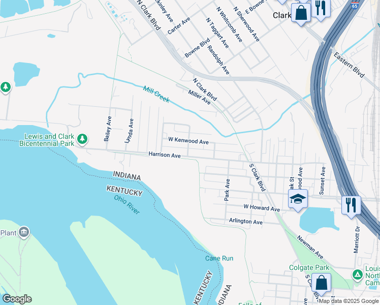 map of restaurants, bars, coffee shops, grocery stores, and more near 651 Harrison Avenue in Clarksville