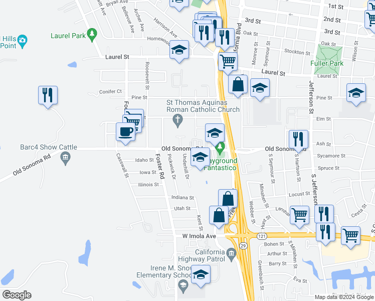 map of restaurants, bars, coffee shops, grocery stores, and more near 2481 Old Sonoma Road in Napa