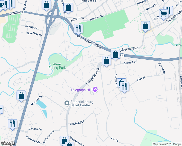 map of restaurants, bars, coffee shops, grocery stores, and more near 1310 Spur Lane in Fredericksburg