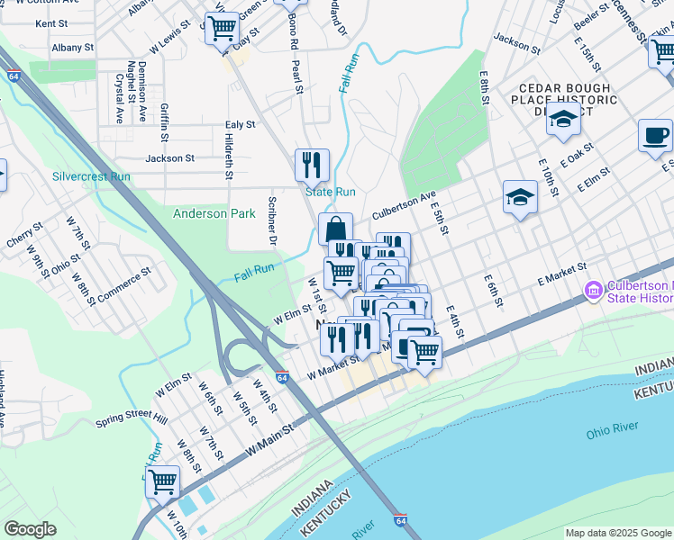 map of restaurants, bars, coffee shops, grocery stores, and more near 199 W Oak St in New Albany