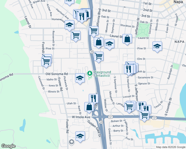 map of restaurants, bars, coffee shops, grocery stores, and more near 2422 Old Sonoma Road in Napa