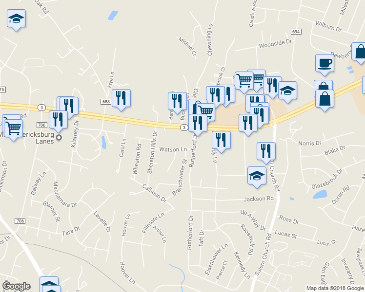 map of restaurants, bars, coffee shops, grocery stores, and more near 5905 Watson Lane in Fredericksburg