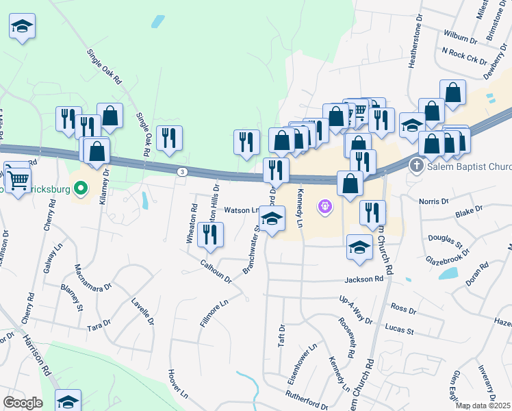map of restaurants, bars, coffee shops, grocery stores, and more near 5905 Watson Lane in Fredericksburg
