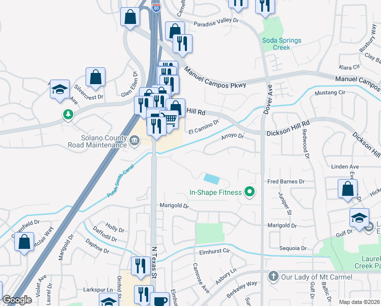 map of restaurants, bars, coffee shops, grocery stores, and more near 467 Americano Way in Fairfield