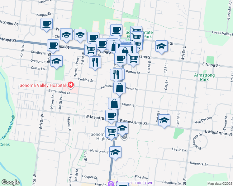map of restaurants, bars, coffee shops, grocery stores, and more near 738 Broadway in Sonoma