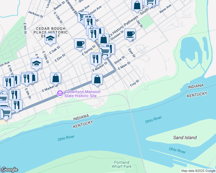map of restaurants, bars, coffee shops, grocery stores, and more near 1521 Dewey Street in New Albany