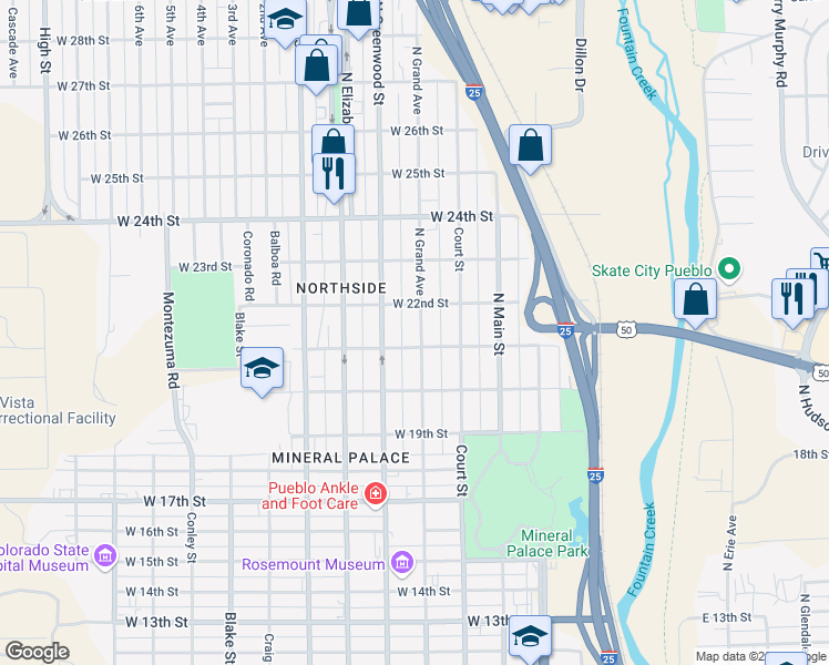 map of restaurants, bars, coffee shops, grocery stores, and more near 2111 North Grand Avenue in Pueblo