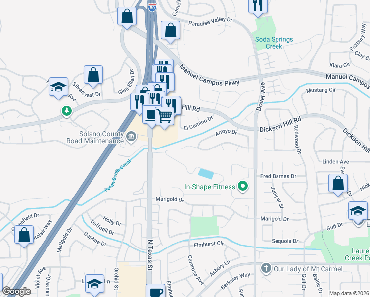 map of restaurants, bars, coffee shops, grocery stores, and more near 467 Americano Way in Fairfield