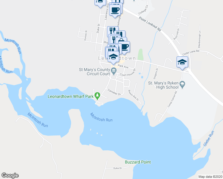 map of restaurants, bars, coffee shops, grocery stores, and more near 41620 Camalier Drive in Leonardtown