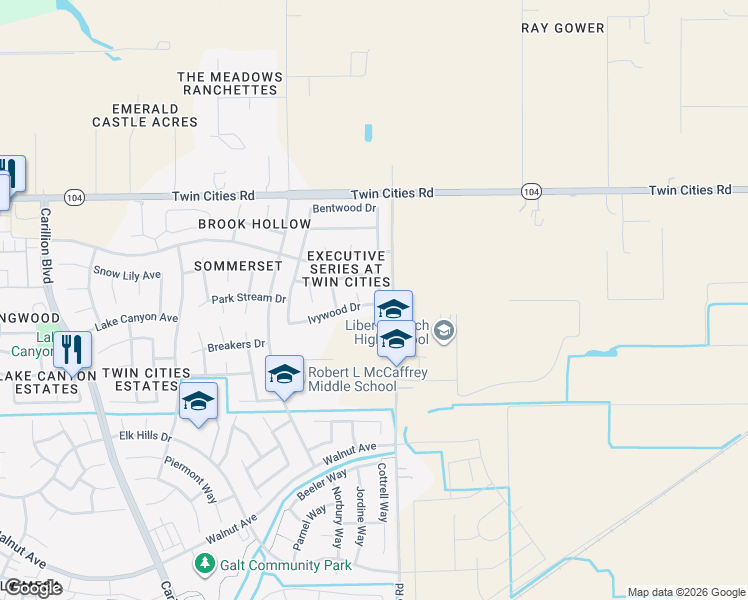 map of restaurants, bars, coffee shops, grocery stores, and more near 1260 Ivywood Drive in Galt
