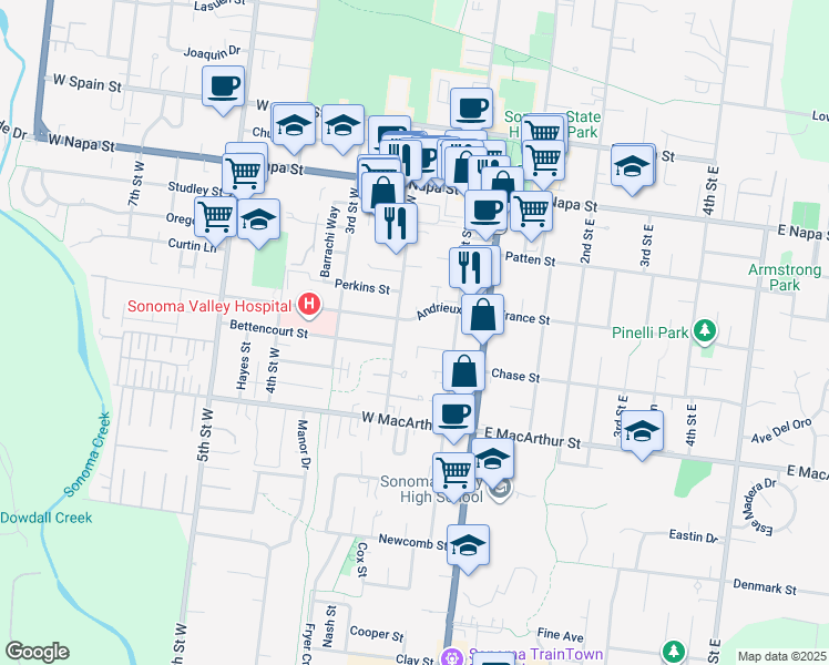 map of restaurants, bars, coffee shops, grocery stores, and more near 181 Andrieux Street in Sonoma