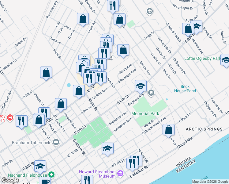 map of restaurants, bars, coffee shops, grocery stores, and more near 1429 East 9th Street in Jeffersonville