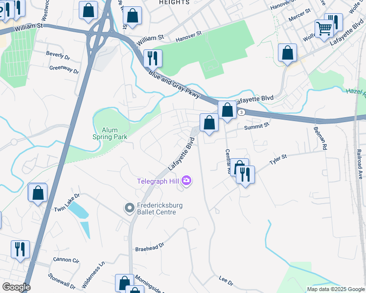 map of restaurants, bars, coffee shops, grocery stores, and more near 1200 Spur Lane in Fredericksburg