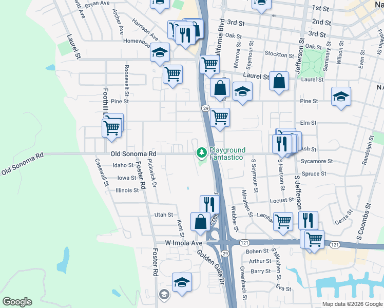 map of restaurants, bars, coffee shops, grocery stores, and more near 2449 Old Sonoma Road in Napa