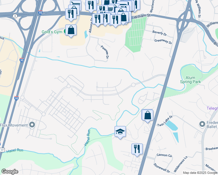 map of restaurants, bars, coffee shops, grocery stores, and more near Innis Drive in Fredericksburg