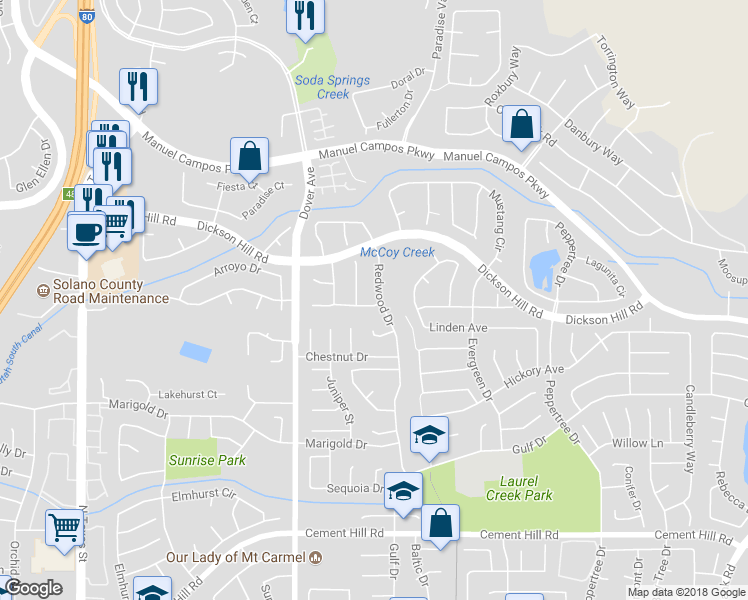 map of restaurants, bars, coffee shops, grocery stores, and more near 3101 Redwood Drive in Fairfield