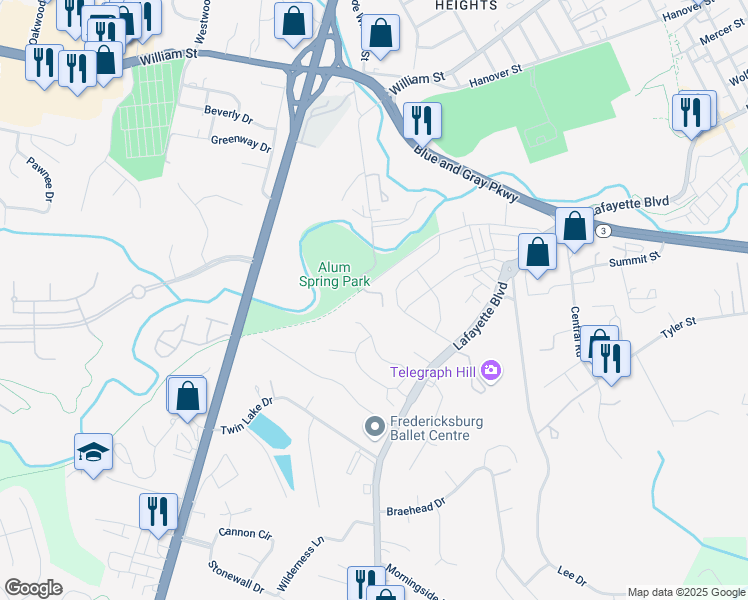 map of restaurants, bars, coffee shops, grocery stores, and more near 1400 Alum Spring Road in Fredericksburg