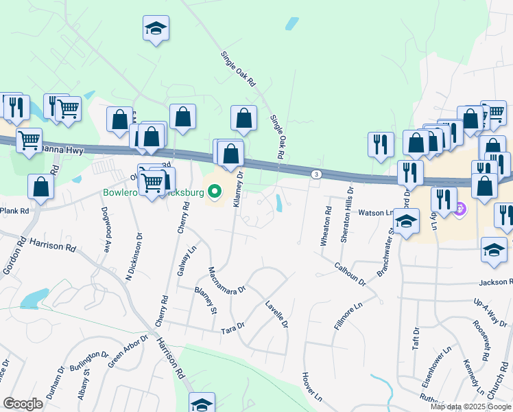 map of restaurants, bars, coffee shops, grocery stores, and more near 12100 Chancellors Village Lane in Fredericksburg