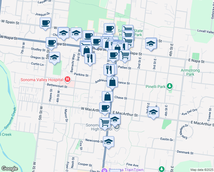 map of restaurants, bars, coffee shops, grocery stores, and more near 745 1st Street West in Sonoma