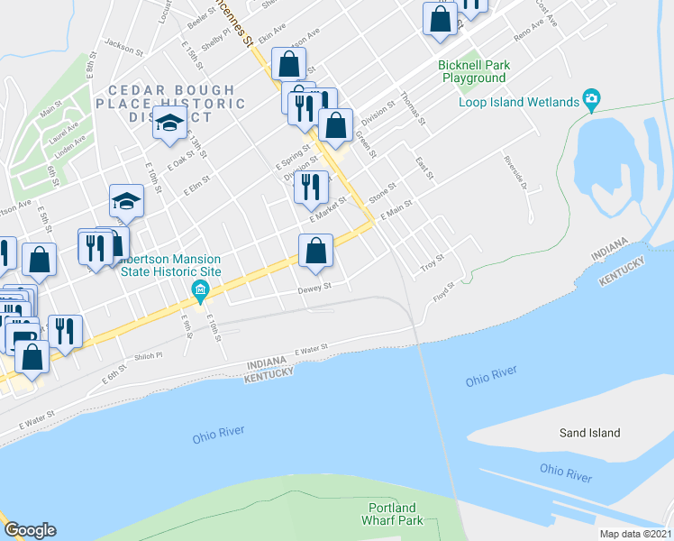 map of restaurants, bars, coffee shops, grocery stores, and more near 1521 Dewey Street in New Albany