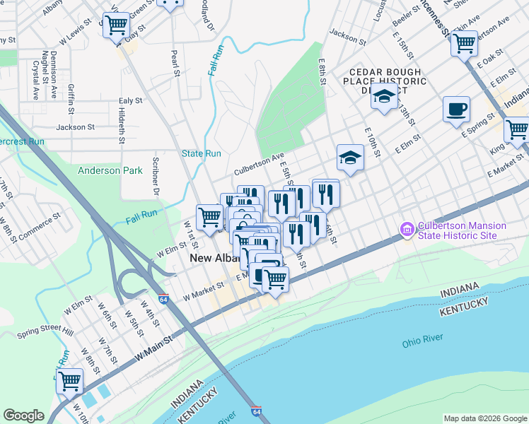 map of restaurants, bars, coffee shops, grocery stores, and more near 306 East Elm Street in New Albany
