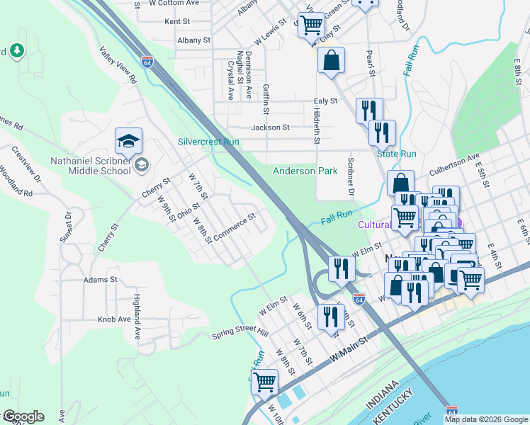 map of restaurants, bars, coffee shops, grocery stores, and more near 638 West 5th Street in New Albany