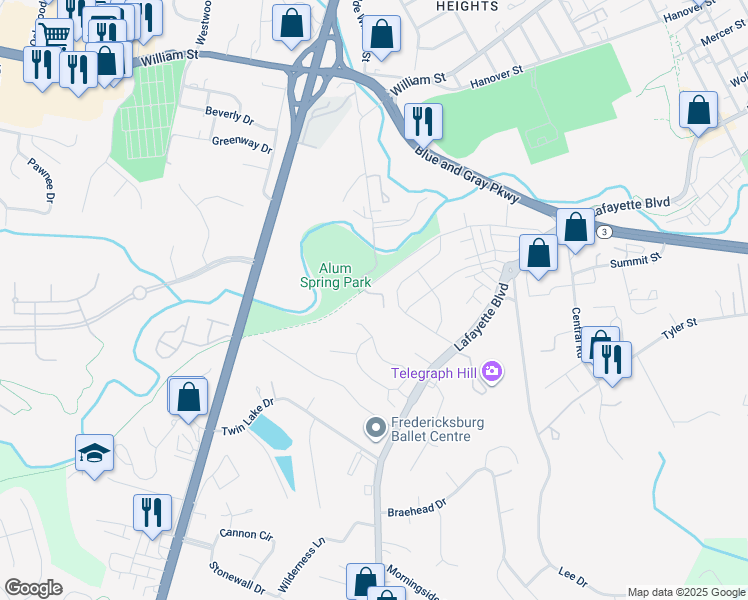 map of restaurants, bars, coffee shops, grocery stores, and more near 1400 Alum Spring Road in Fredericksburg