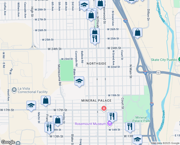 map of restaurants, bars, coffee shops, grocery stores, and more near 2116 West Street in Pueblo