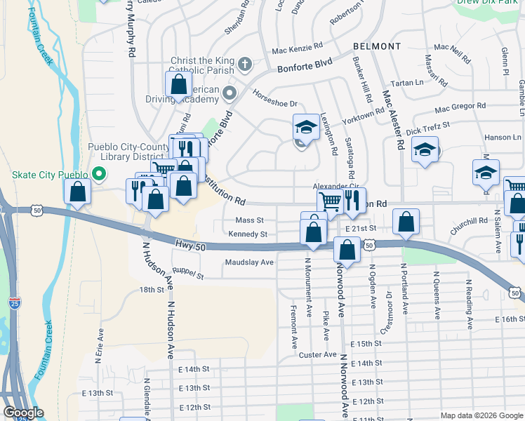 map of restaurants, bars, coffee shops, grocery stores, and more near 1201 Mass Street in Pueblo