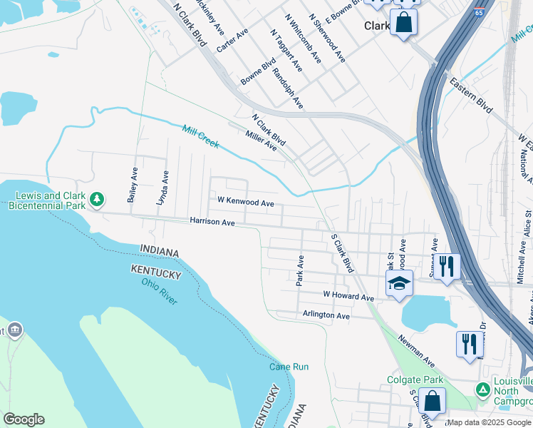 map of restaurants, bars, coffee shops, grocery stores, and more near Clark Boulevard in Clarksville