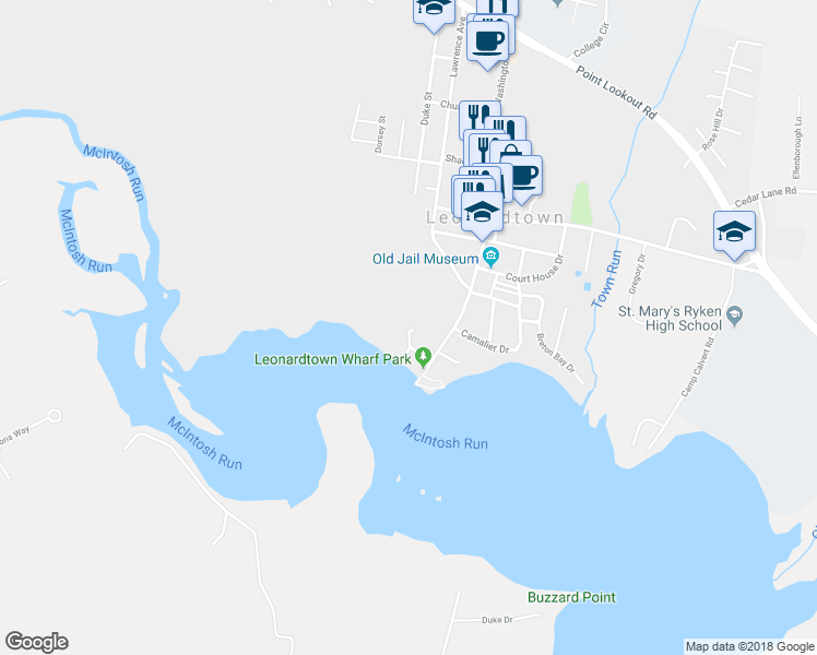map of restaurants, bars, coffee shops, grocery stores, and more near 22547 Landing Way in Leonardtown