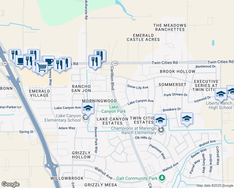 map of restaurants, bars, coffee shops, grocery stores, and more near 905 Wildginger Court in Galt