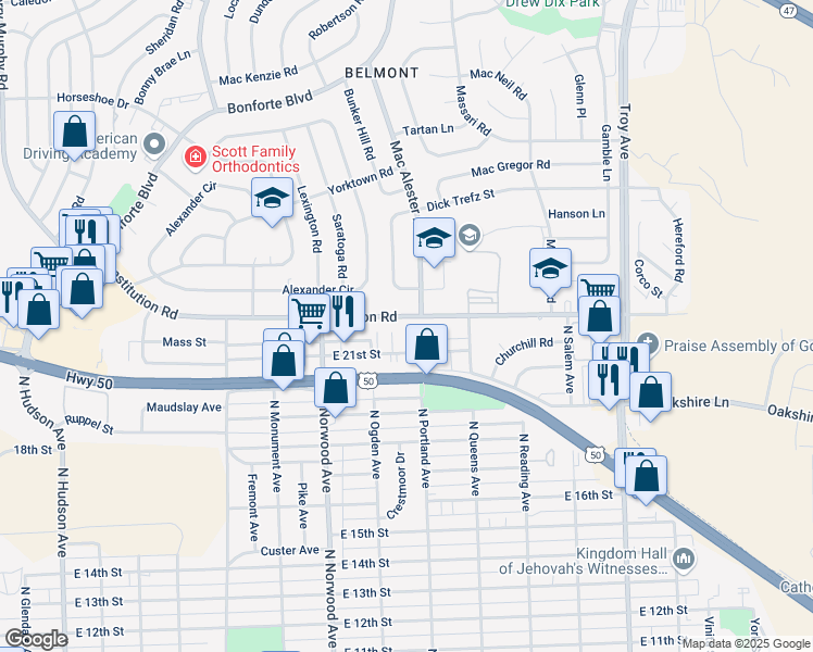 map of restaurants, bars, coffee shops, grocery stores, and more near 1503 East 21st Street in Pueblo