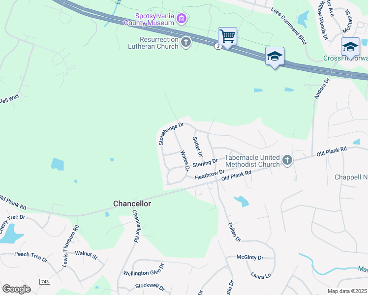 map of restaurants, bars, coffee shops, grocery stores, and more near 12011 Wales Drive in Fredericksburg