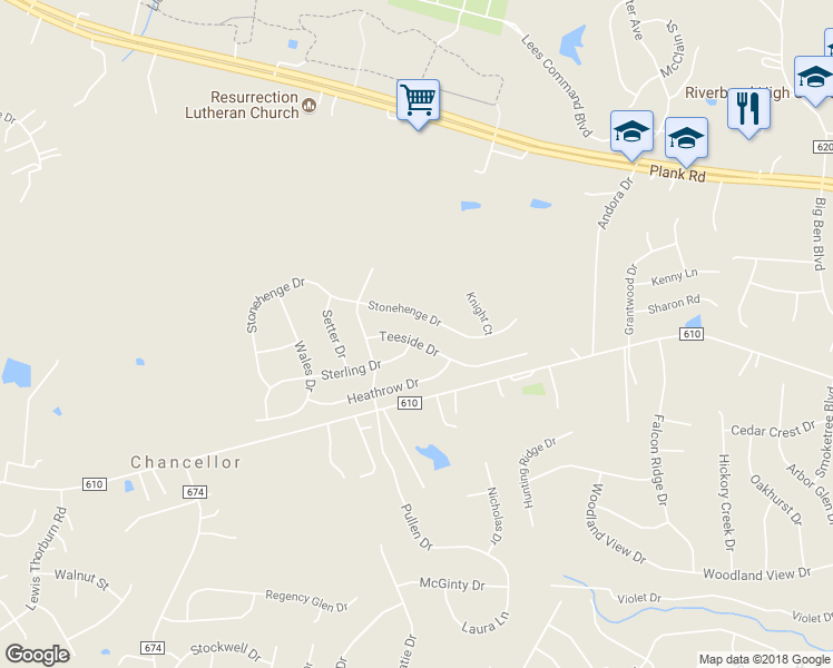 map of restaurants, bars, coffee shops, grocery stores, and more near 12015 Teeside Drive in Fredericksburg