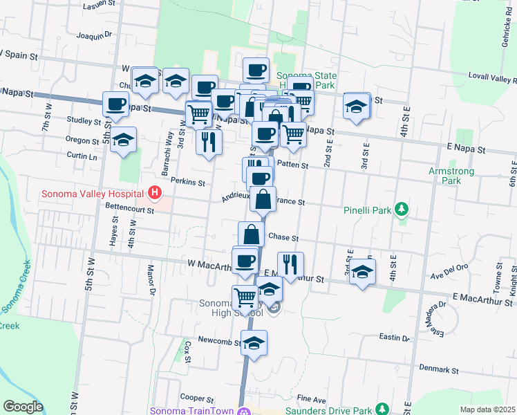 map of restaurants, bars, coffee shops, grocery stores, and more near 738 Broadway in Sonoma