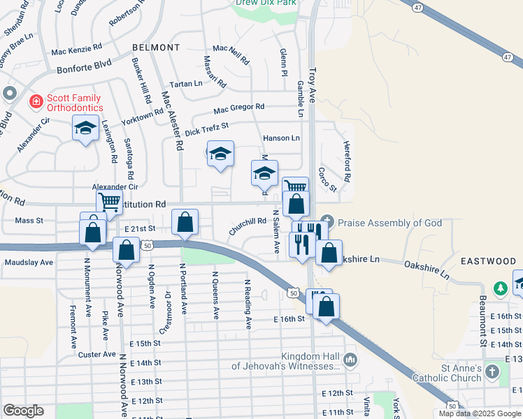 map of restaurants, bars, coffee shops, grocery stores, and more near 35 Churchill Road in Pueblo