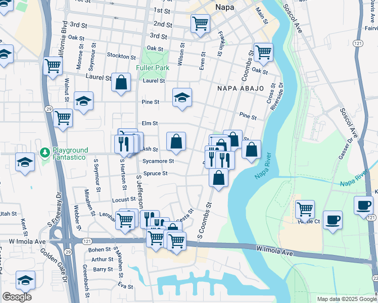 map of restaurants, bars, coffee shops, grocery stores, and more near 1430 Sycamore Street in Napa