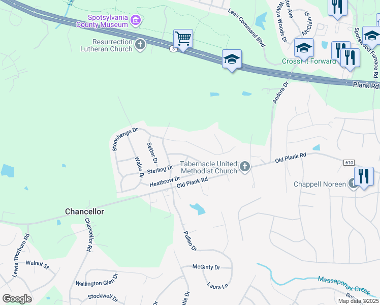 map of restaurants, bars, coffee shops, grocery stores, and more near 12015 Teeside Drive in Fredericksburg