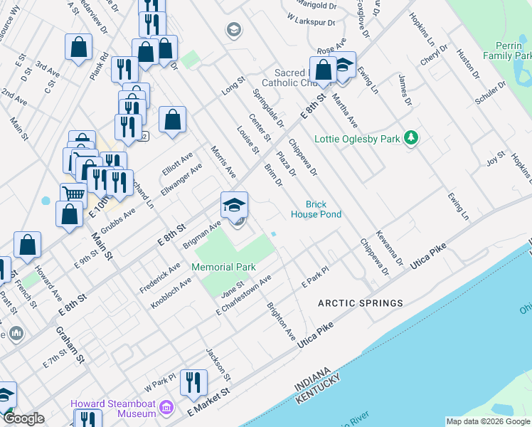 map of restaurants, bars, coffee shops, grocery stores, and more near 1708 Herby Drive in Jeffersonville