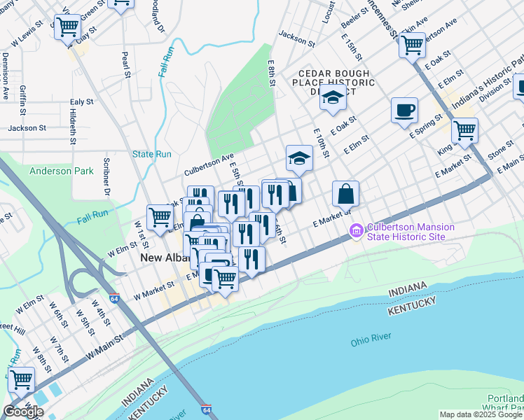 map of restaurants, bars, coffee shops, grocery stores, and more near 538 East Spring Street in New Albany