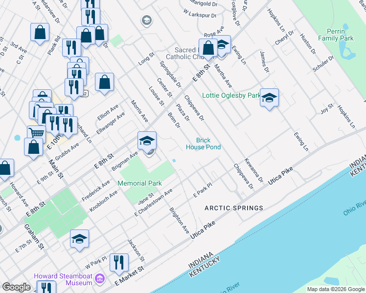map of restaurants, bars, coffee shops, grocery stores, and more near 701 Brim Drive in Jeffersonville