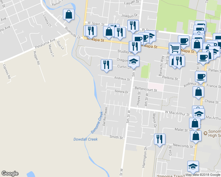 map of restaurants, bars, coffee shops, grocery stores, and more near 641 White Briar Drive in Sonoma