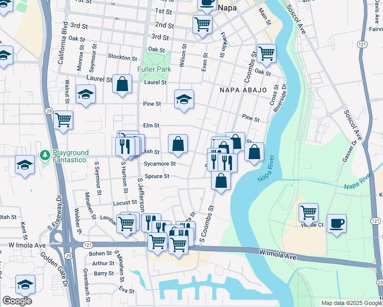 map of restaurants, bars, coffee shops, grocery stores, and more near 1430 Sycamore Street in Napa