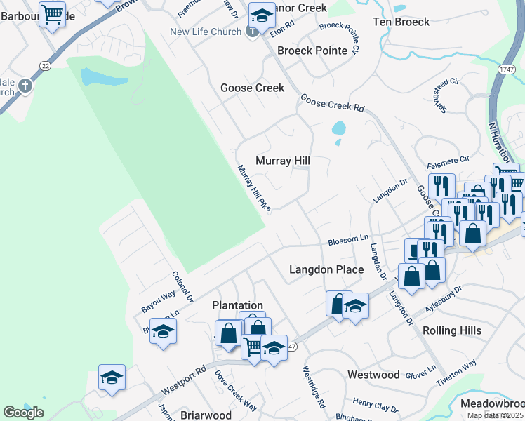 map of restaurants, bars, coffee shops, grocery stores, and more near 2802 Carrington Court in Louisville