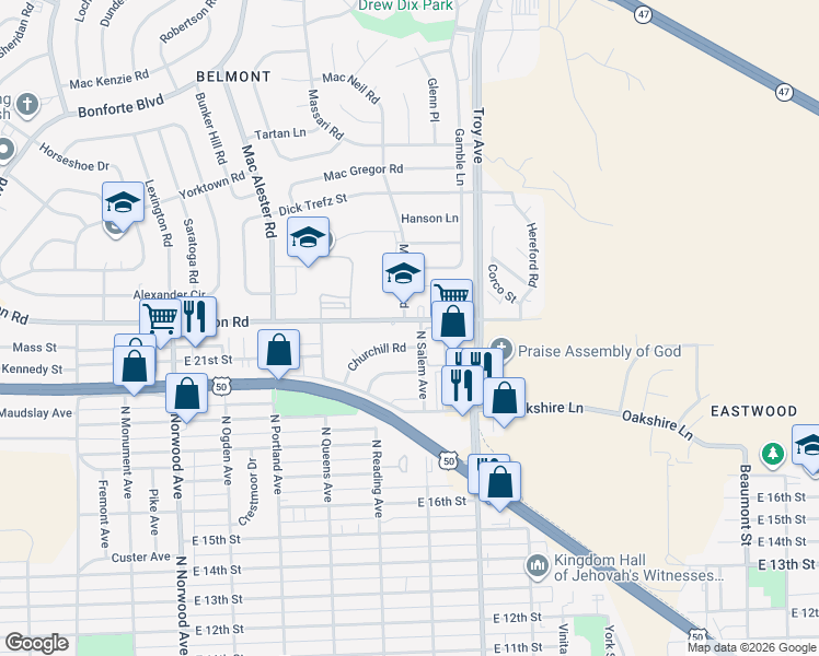 map of restaurants, bars, coffee shops, grocery stores, and more near 2105 North Salem Avenue in Pueblo