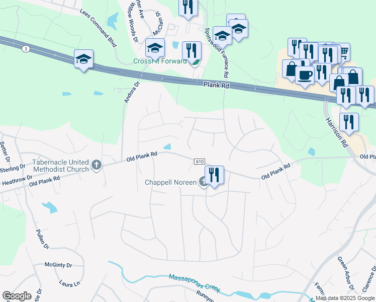 map of restaurants, bars, coffee shops, grocery stores, and more near 12002 Paddock Place in Fredericksburg
