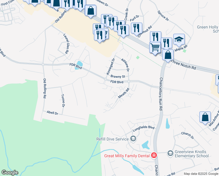 map of restaurants, bars, coffee shops, grocery stores, and more near 45511 Westmeath Way in Great Mills